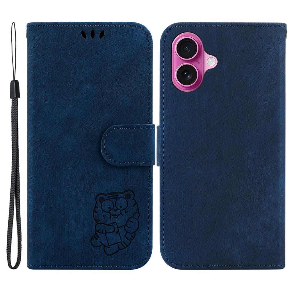 For iPhone 16 Plus Stand Case Cute Tiger Imprint Leather Wallet Phone Cover
