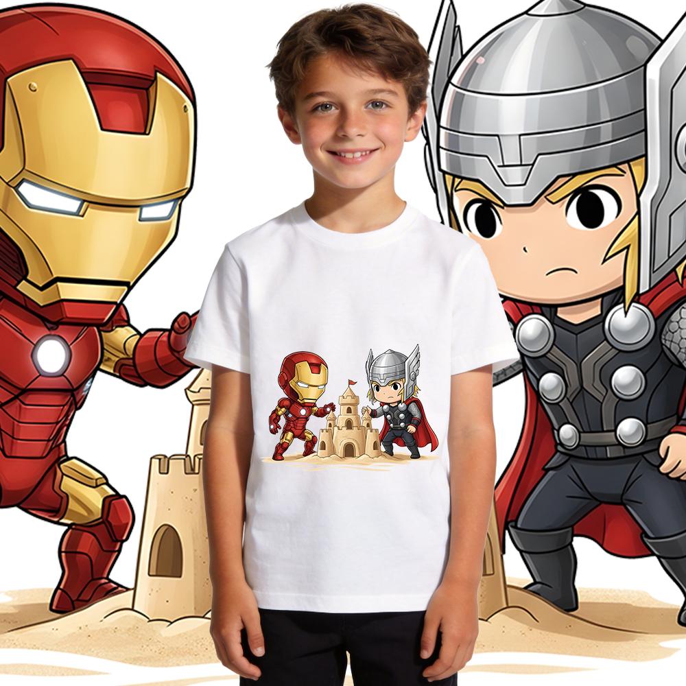 

Chibi Iron Man Thor Sandcastle Print T Shirts Kids Boys Girls Casual Short Sleeve Soft Breathable Summer Top 110