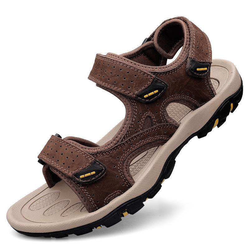 Men s Casual Wear-Resistant Velcro Beach Sandals - Breathable Non-Slip Cowhide Outdoor Shoes 42 коричневый
