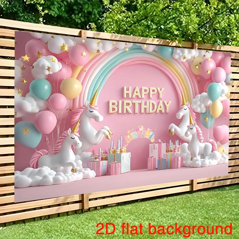 1 rainbow and unicorn birthday party background with pale pink balloons  clouds and gift boxes