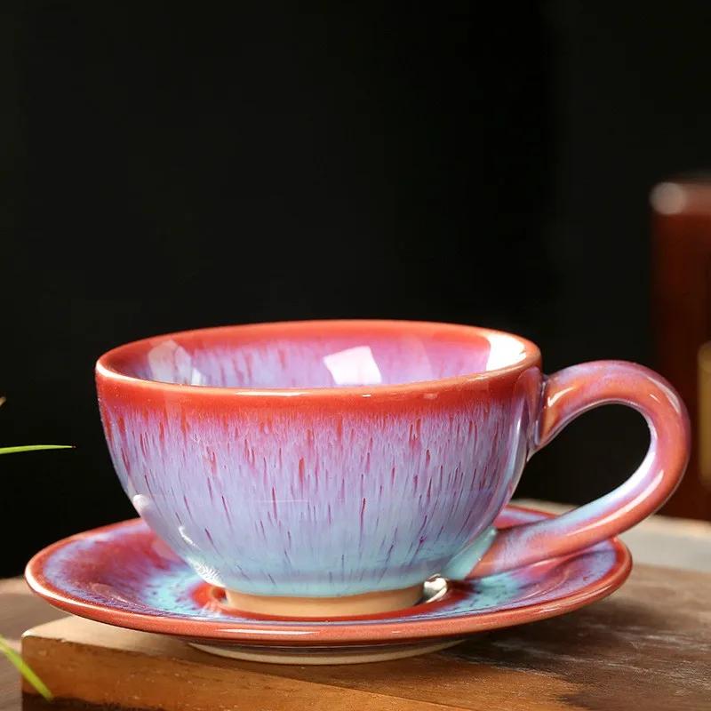 Ceramic Kiln Changed Coffee Cup and Saucer Set Creative Vintage Chinese Breakfast Cups Afternoon Tea Drinking Utensils