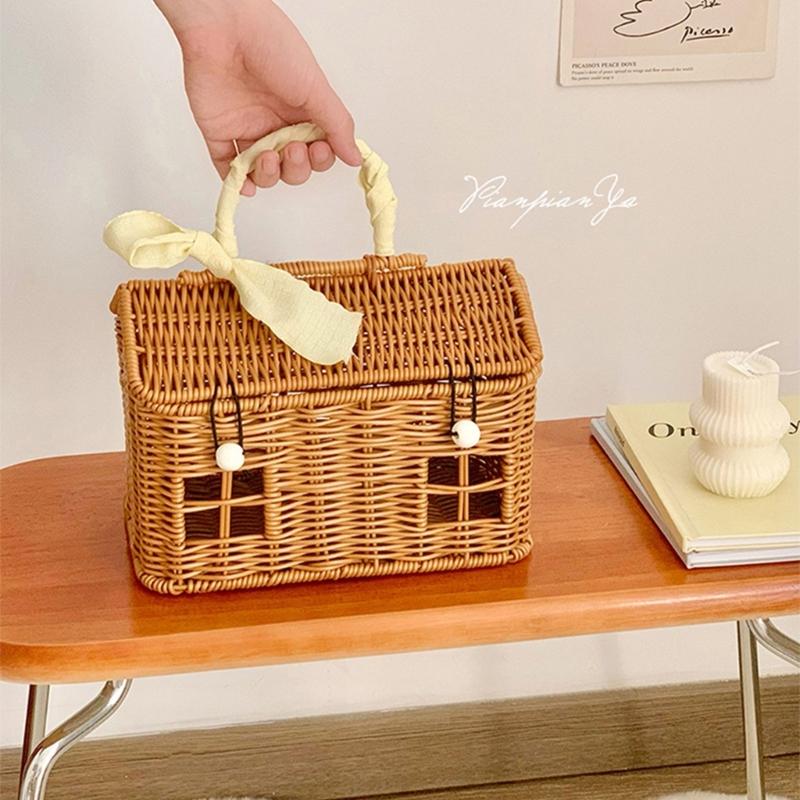 Creative House Shape Woven Rattan Storage Basket Featuring Portable Handle for Home Decors Picnics Gift User Friendly Materials