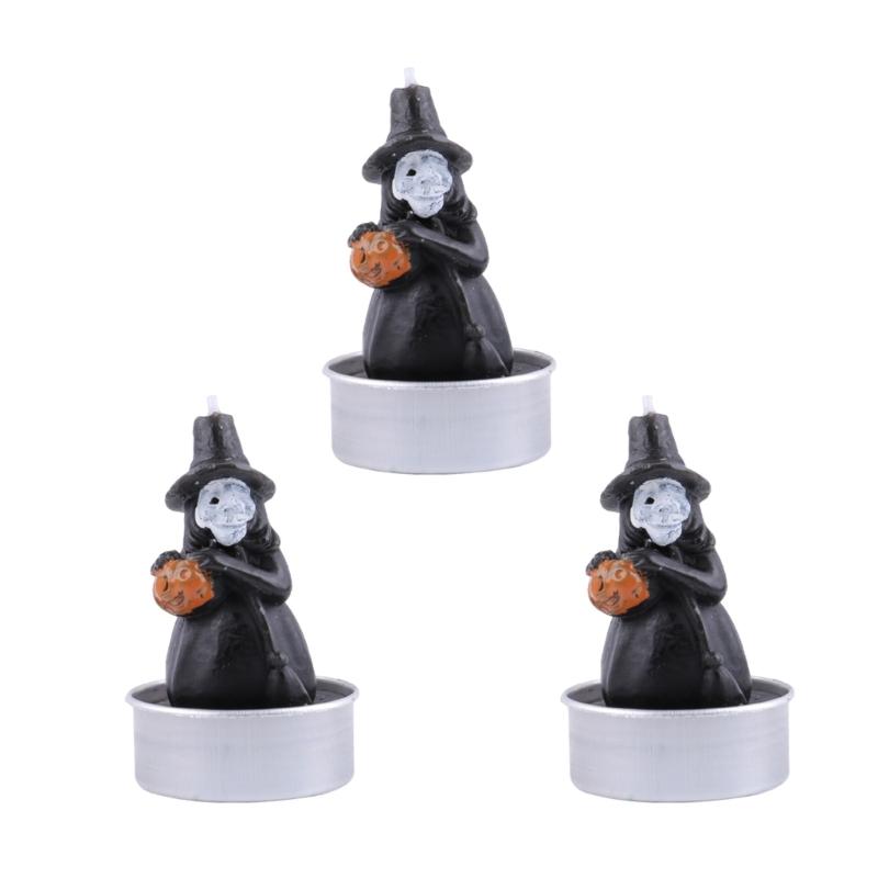 Set of 3 Halloween Themed Candle Ornaments Funny Black Cats Skull Pumpkin Witches Shape Candle for Home and Party Decors