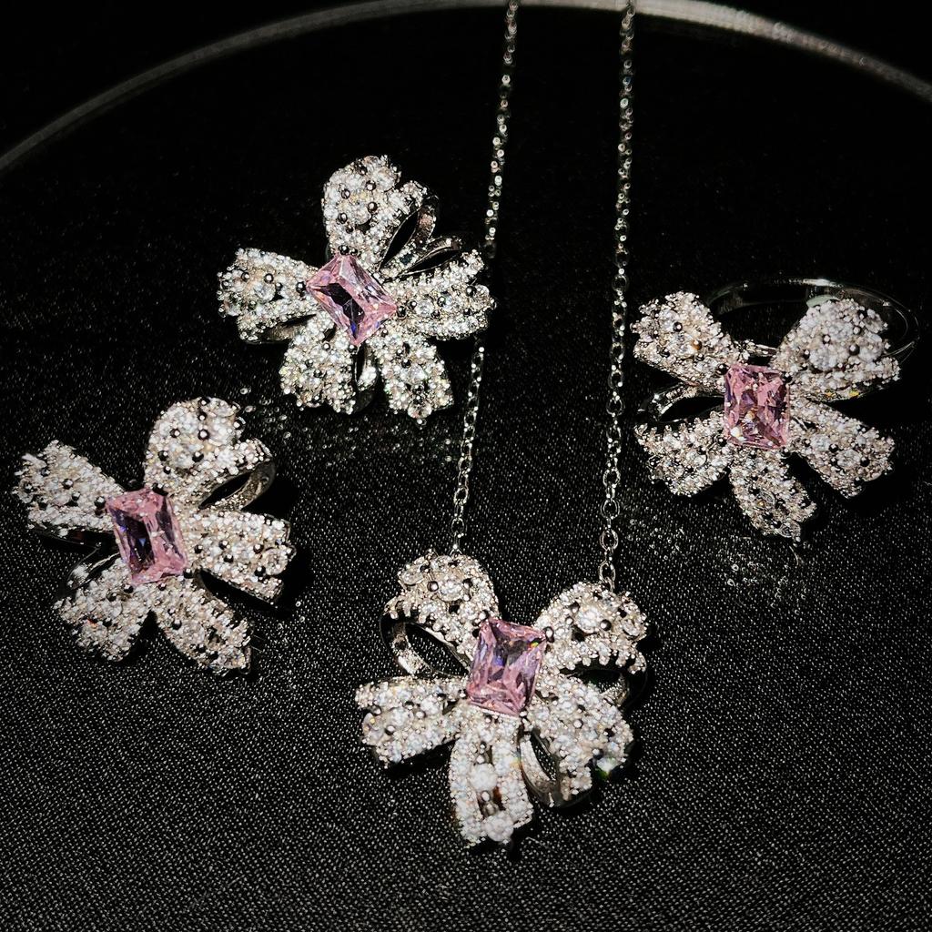 High Jewelry Super Fairy Butterfly Set Argyle Pink Diamond Bow Necklace Ring Stud Earrings Pendant