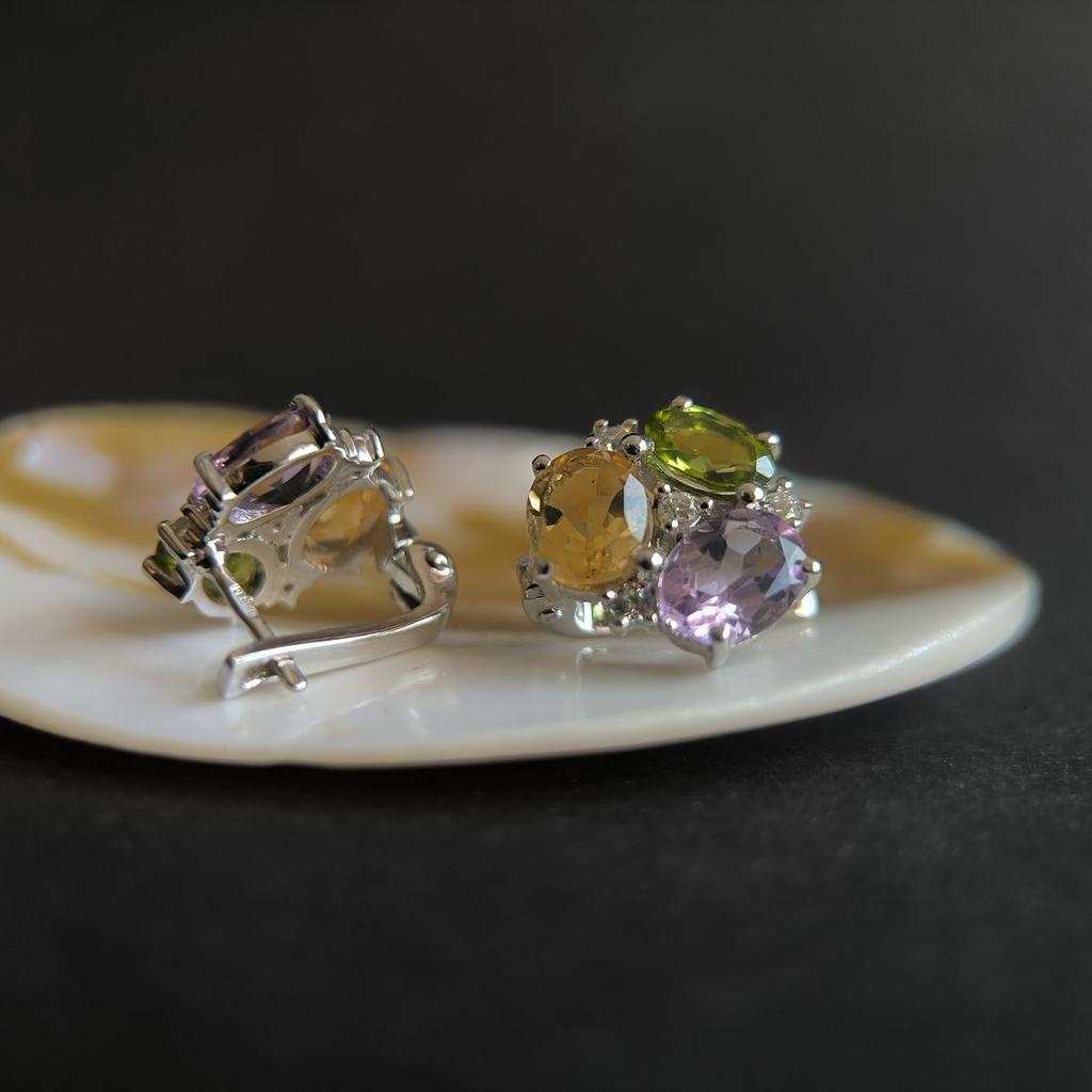 Серебряные серьги с натуральным аметистом 6.621ct, цитрином, хризолітом (2193289)