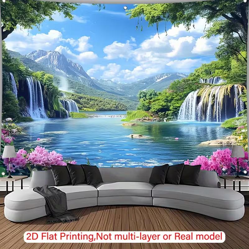 

2D Nature Scenery Tapestry, Waterfall Lake with Mountain & Flowers Background Cloth 47.2x31.5inch/120*80cm