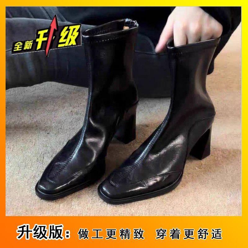 French stretch thin boots square Martin boots Korean version black thick heel high heel short boots women's autumn and winter