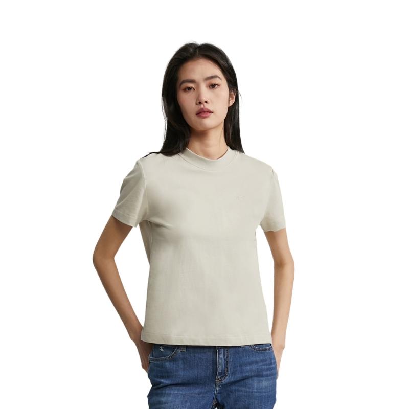 CK/Calvin Klein SS23 Solid Color Letter Embroidery Slim Fit Cotton T-Shirt Women Tops Light-Milk-Coffee 40WH105-AEV