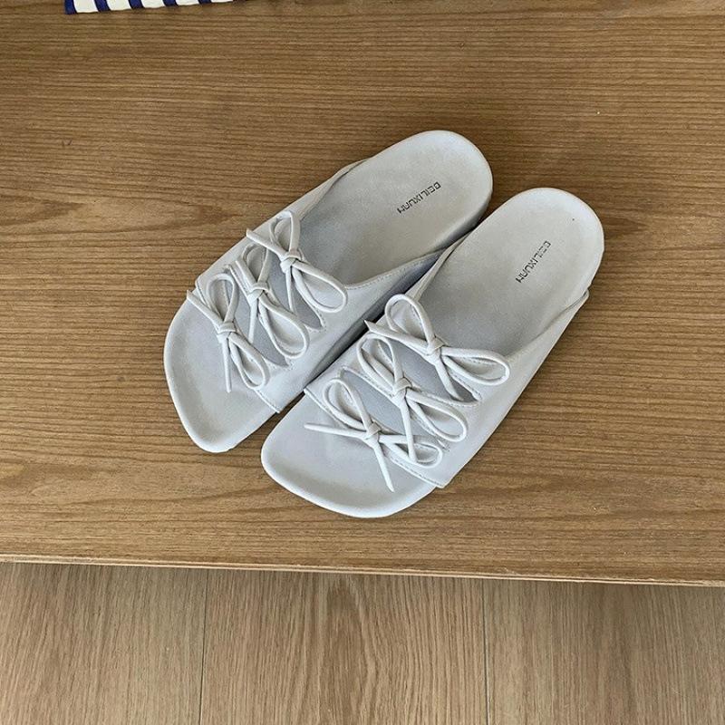 

New satin bow open-toed flat-soled soft-soled sandals round head outer wear flat-heeled cool slippers women 39 серый