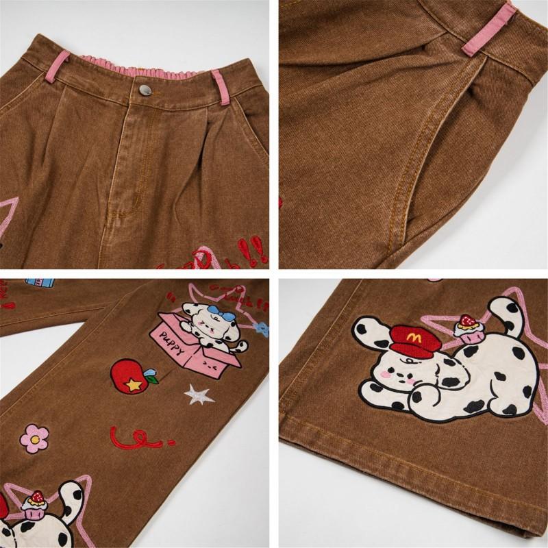 American Retro Dalmatian Patch Embroidered Wide Leg Jeans Unisex Loose Straight Casual Pants