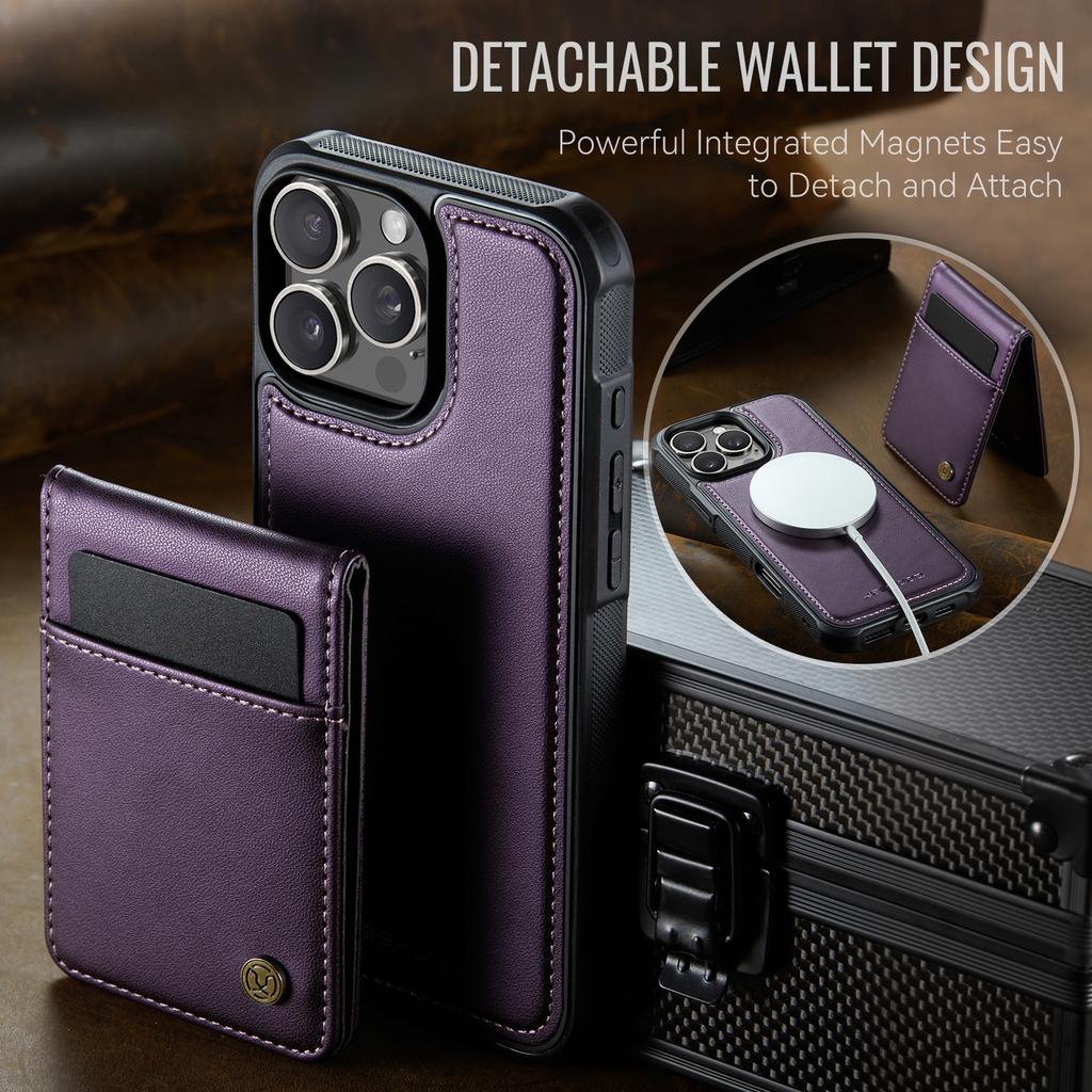 For iPhone 16 Pro Max Leather Back Cover Compatible with MagSafe JEEHOOD J06 Phone Case with Card Bag RFID Blocking