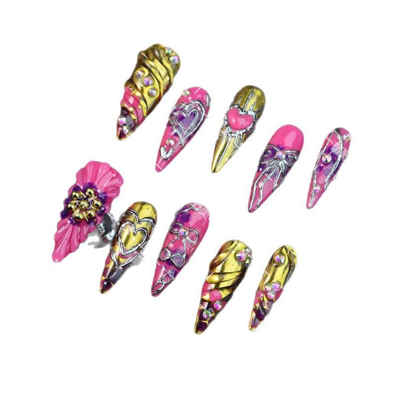 Y2K Pink Gold Press-On Nails With 3D Heart Rhinestone Metallic Line Design Women - Sweet Edgy Style Long Stiletto Shape