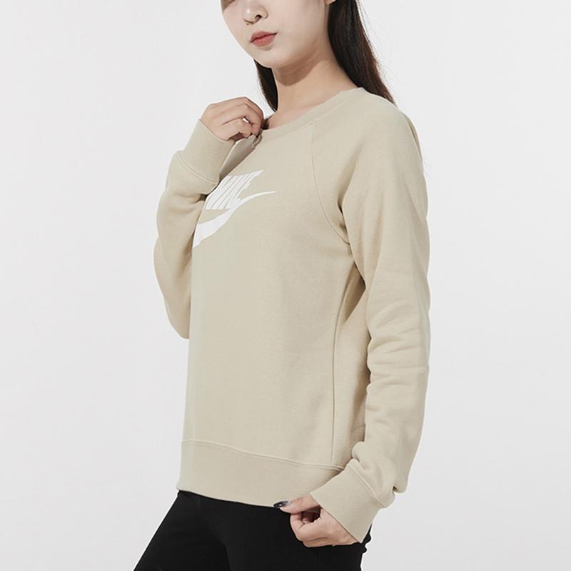Nike Sportswear Essential Fleece Crew Neck Letter Print Long Sleeve Sweatshirt Women Tops Khaki BV4113-206