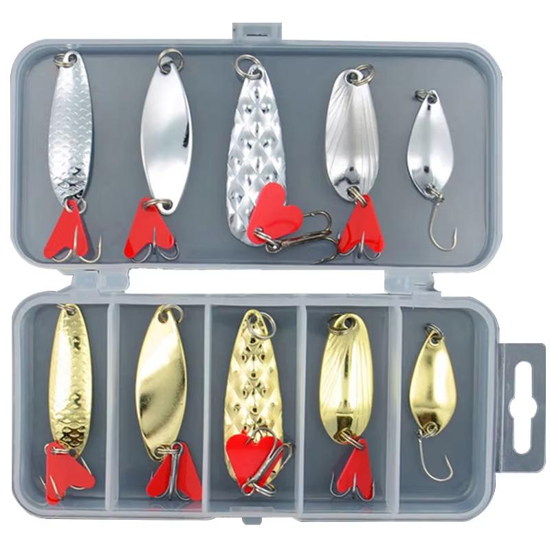 10Pcs Fishing Metal Spoon Lure Kit Set Gold Silver Baits Sequins Spinner Lures with Box Treble Hooks Fishing Tackle Gear
