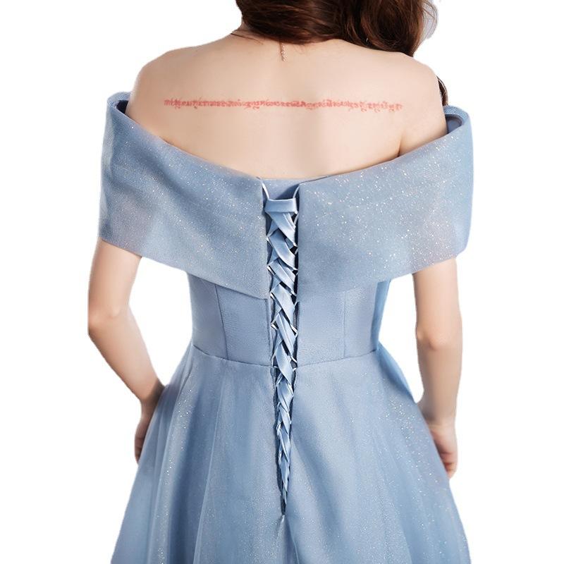 Elegante Vestido de Noche Azul de Tul Hombros Descubiertos, Vestido Largo Formal con Lazo y Pedrería para Mujer, Ideal para Bodas, Banquetes y Fiestas de Graduación