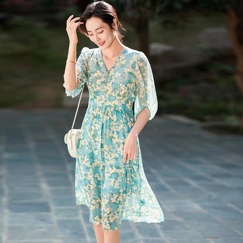 Elegant Silk Dress with Waist-Cinched Print