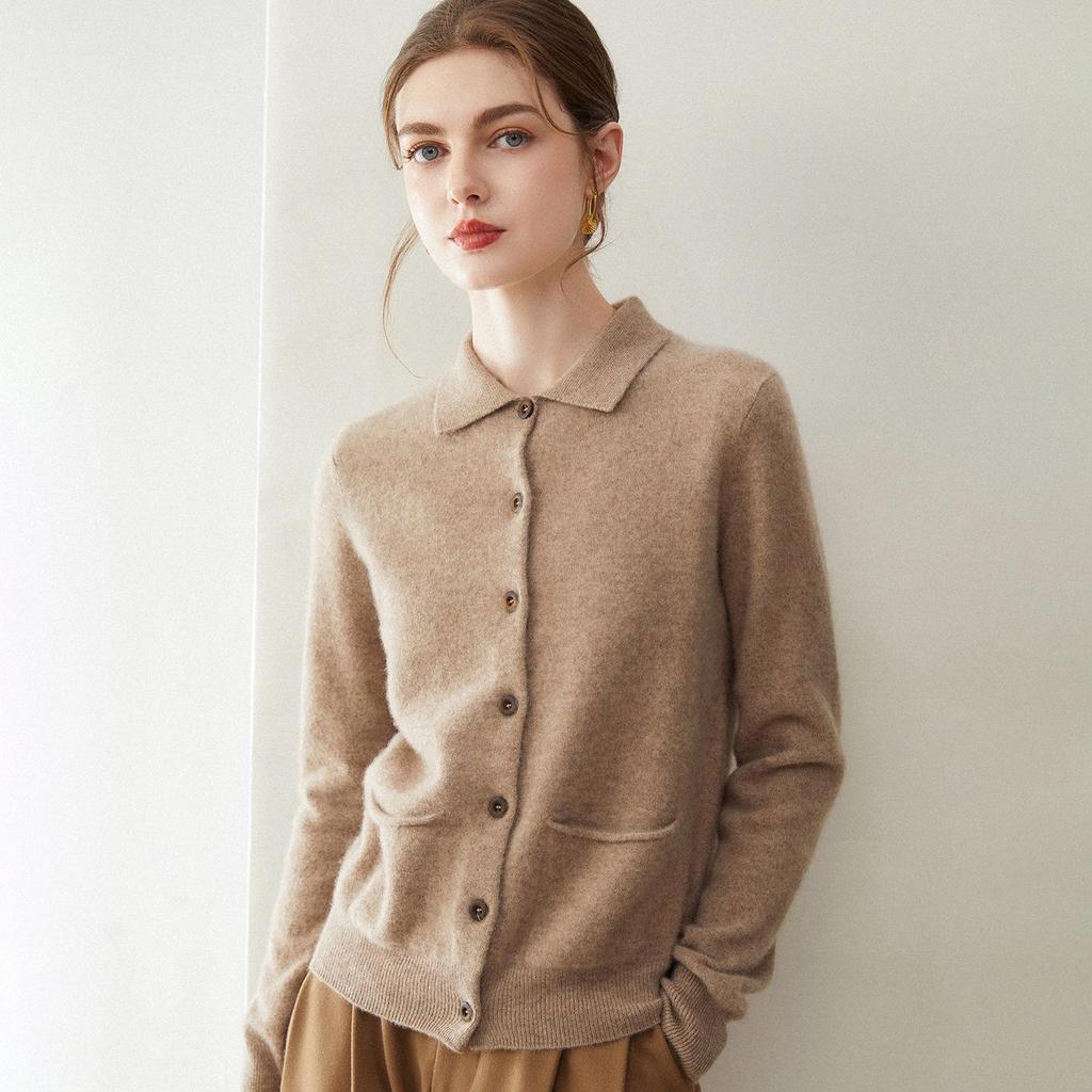 Women's 100% Cashmere Polo Collar Cardigan - Solid Color Knitwear with Pockets