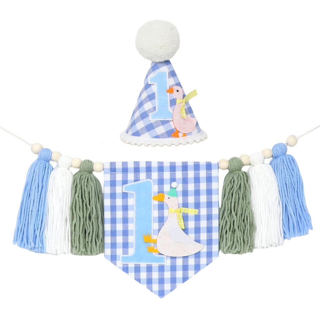 1st Birthday Highchair Banner Goose Theme Blue Ginghams Tassel Banner Hat Photo Prop for Boy Girls Birthday Party Decorations