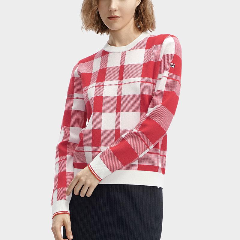 FILA Fleece Plaid Round Neck Casual Pullover Long Sleeve Knit Sweater Women sweater Light-Raspberry F11W411412F-RD