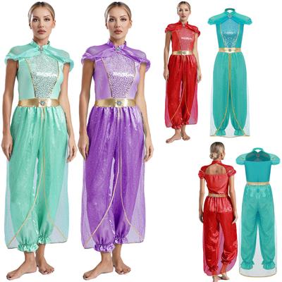 Womens Arabian Princess Jumpsuit Sequined Overlay Design Gems Adorned Rompers One Piece Belly Dance Halloween Costume