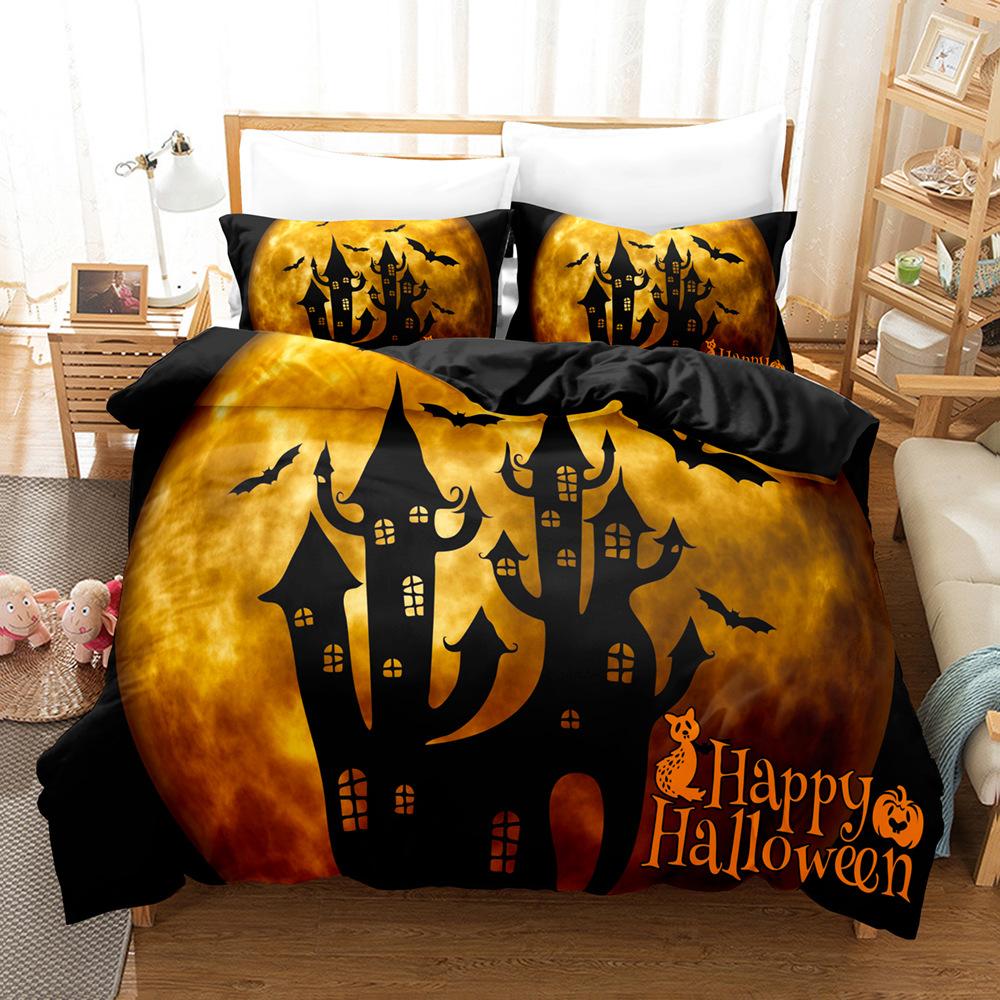 Halloween Duvet Cover Set Funny Cartoon Witches Hat Ghosts Bat Full Moon Cat Bedding Set King Size 2/3pcs Polyester Quilt Cover