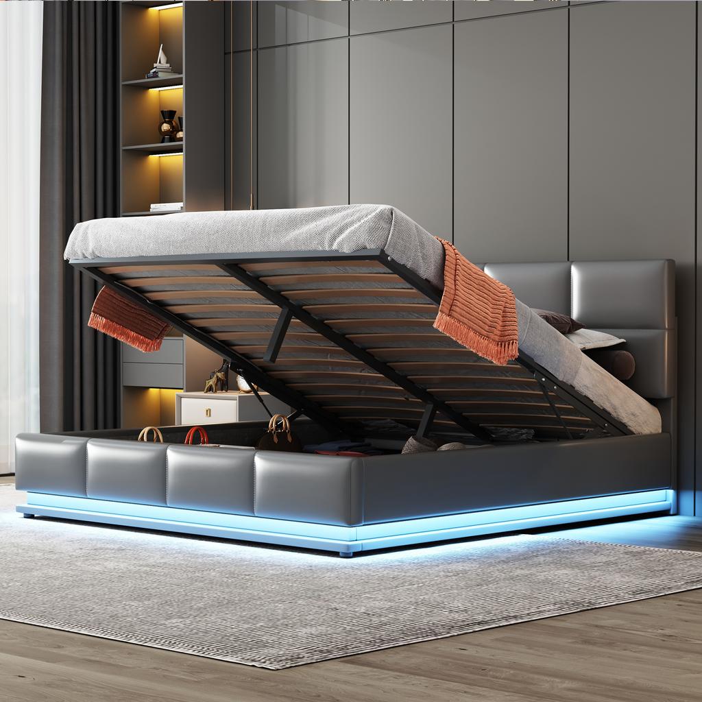 Letto imbottito 160 x 200 cm con LED, rete a doghe in metallo e contenitore, testiera regolabile in altezza e contenitore idraulico, grigio (senza materasso)
