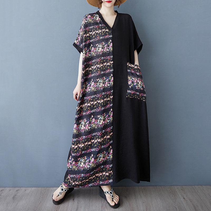 Letní tenké bavlněné a lněné tištěné šaty s výstřihem do V Dámské kontrastní prošívání Dlouhá sukně