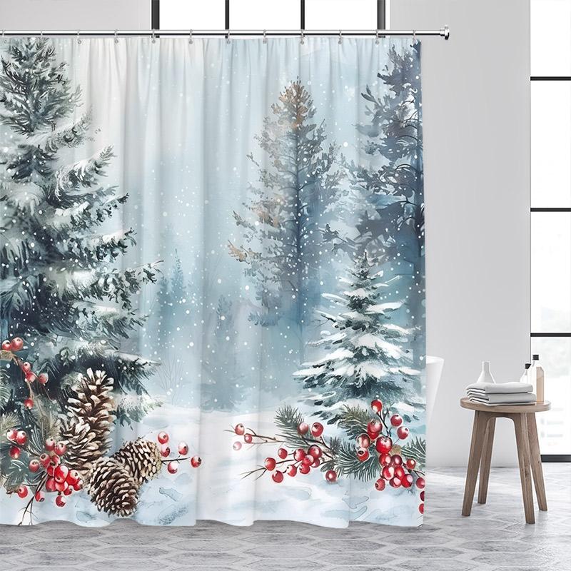 Winter Forest Landscape Shower Curtains Cedar Red Berries Watercolour Art Snow Scenery Fabric Bathroom Curtain Decor With Hooks