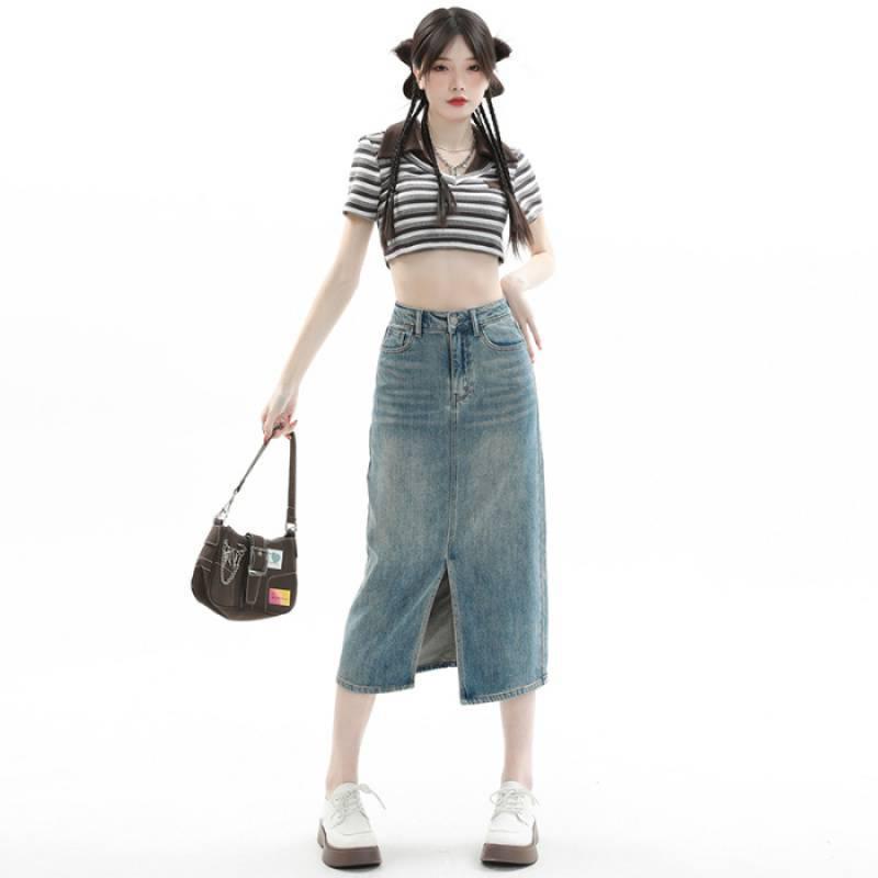 High-Waisted Retro Blue Distressed Midi Skirt with Front and Back Slits Extra Small