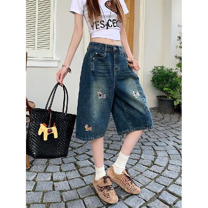 Stylish Embroidered Women's Denim Shorts 2026 Summer Loose Wide-Leg Straight Pants