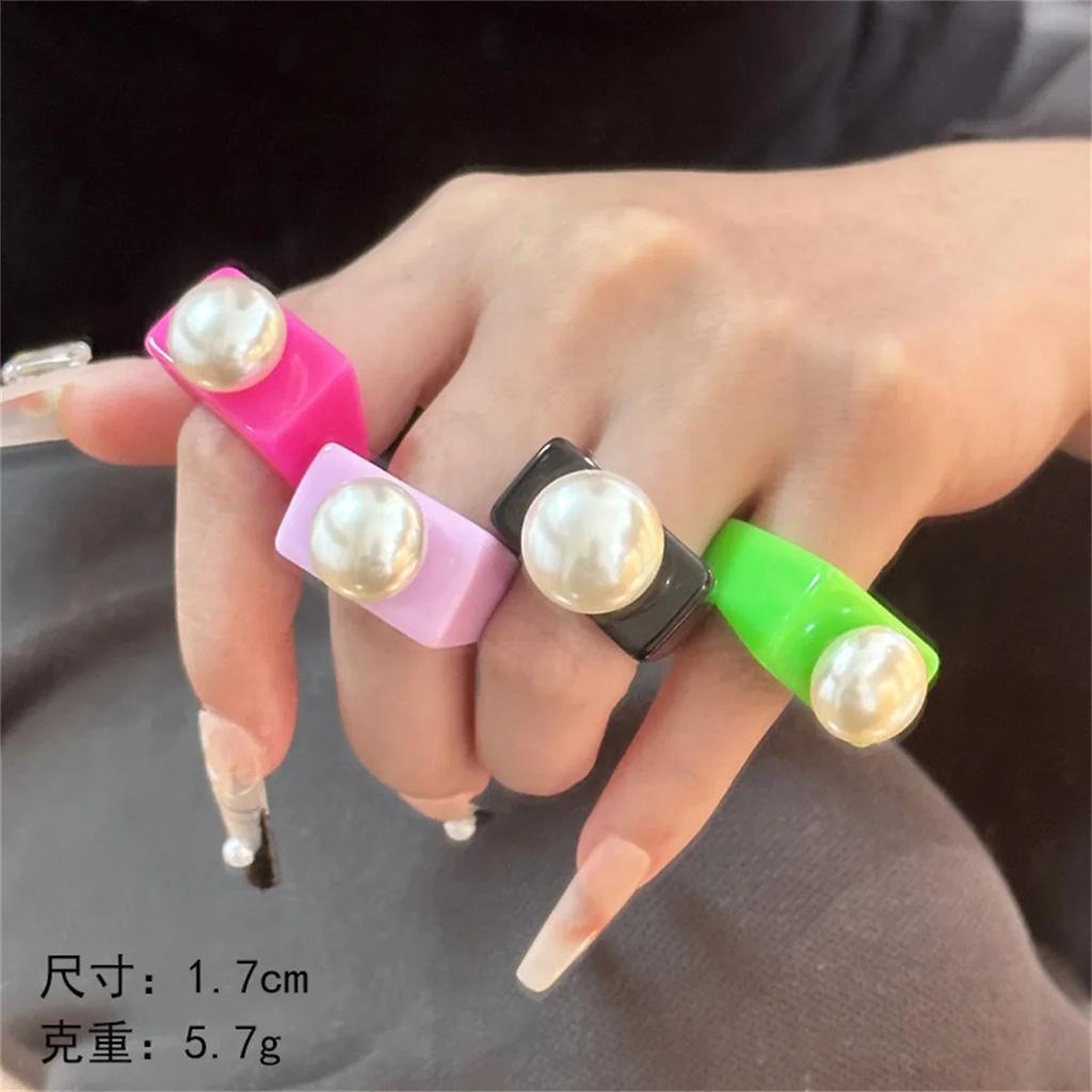 Cool Punk Ring Gold Color Beads Transparent Resin Acrylic Square Rings Women Ins Party Friends Gift Trendy Jewelry Hip Hop Rings