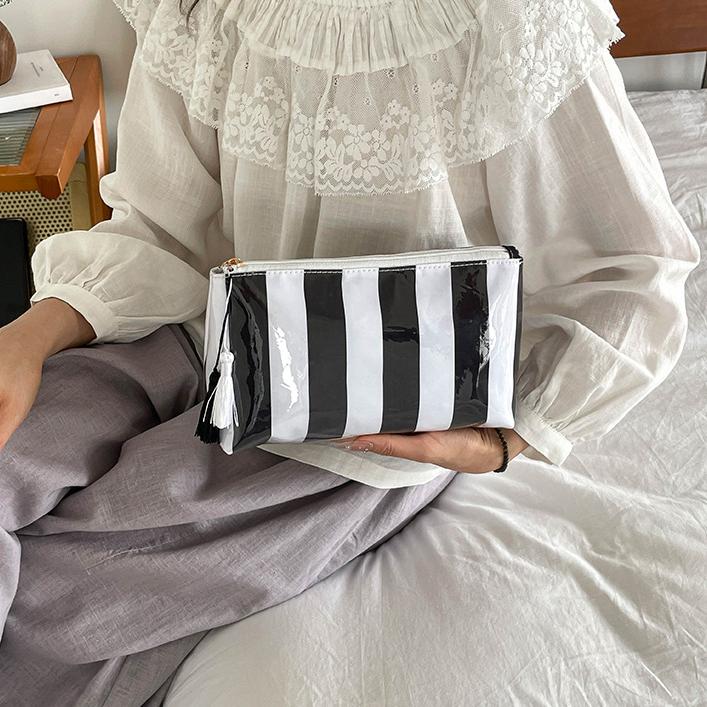 Striped Pvc Makeup Bag Waterproof Washable Zipper Cosmetic Pouch With Tassel Portable Travel Storage Hand Bag For Women Gift