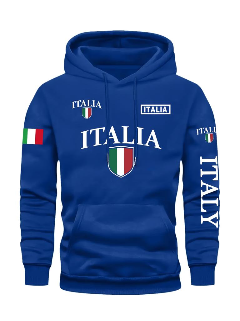 Men's Italy Flag Shield Bold ITALY Letter Print Hoodie Grey Casual Pullover Front Pocket Ribbed Cuffs Comfort Fit Urban Fashion