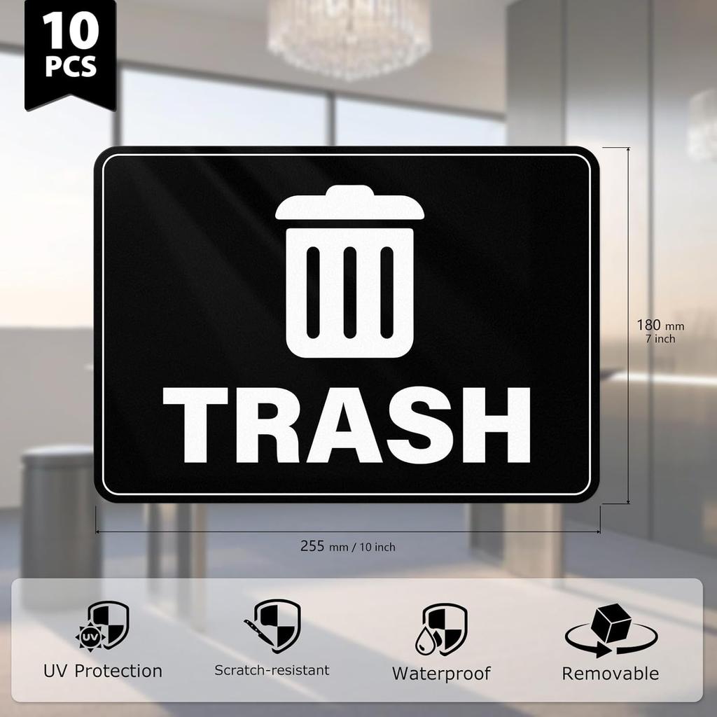 10 Pack Trash Cans Stickers 10 × 7 Inches Vinyl Weatherproof Self Adhesive Recycle Sign for Waste B Home Business