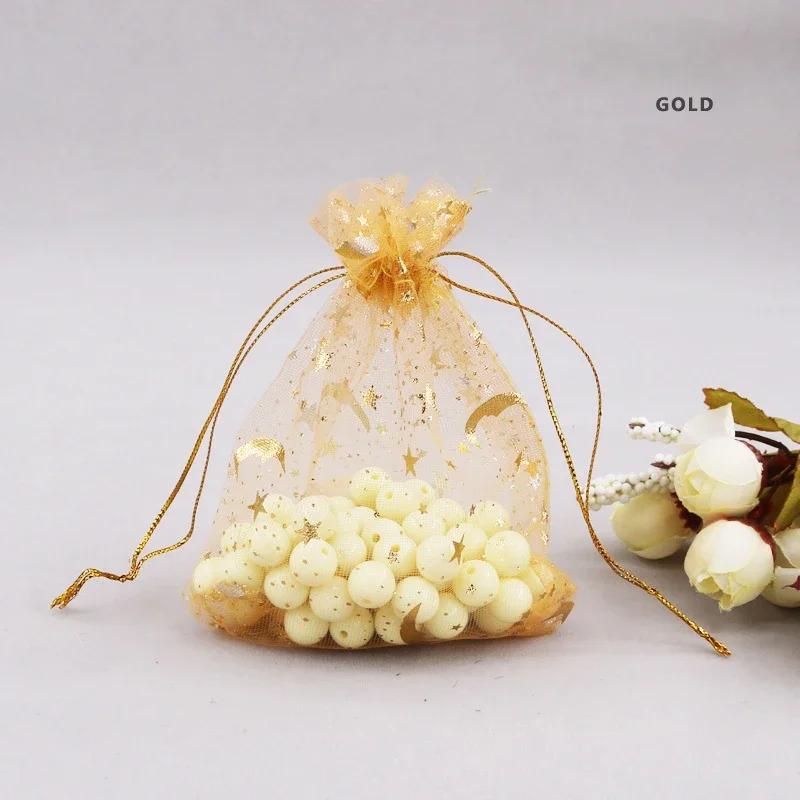 50pcs/lot Moon Star Organza Bags, Wedding Favors Bags With Drawstring, Organza Sack Drawstring Candy Packaging Bags For New Year