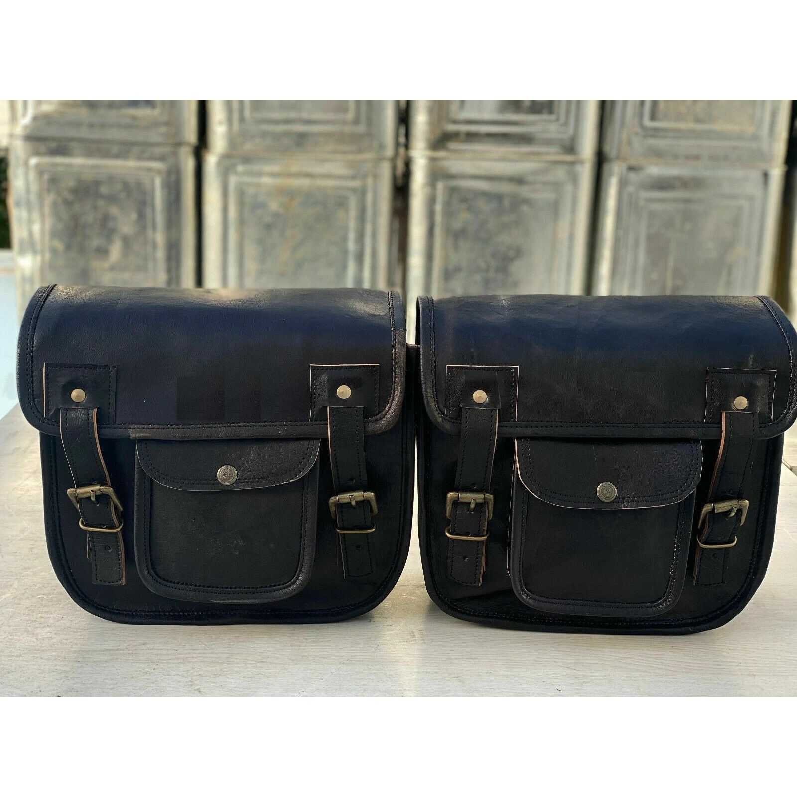 

Pouch 2 Side Motorcycle 2 Baga Black Panniers Bags Saddlebags Full Grain Leather 11 x 9 x 5 in