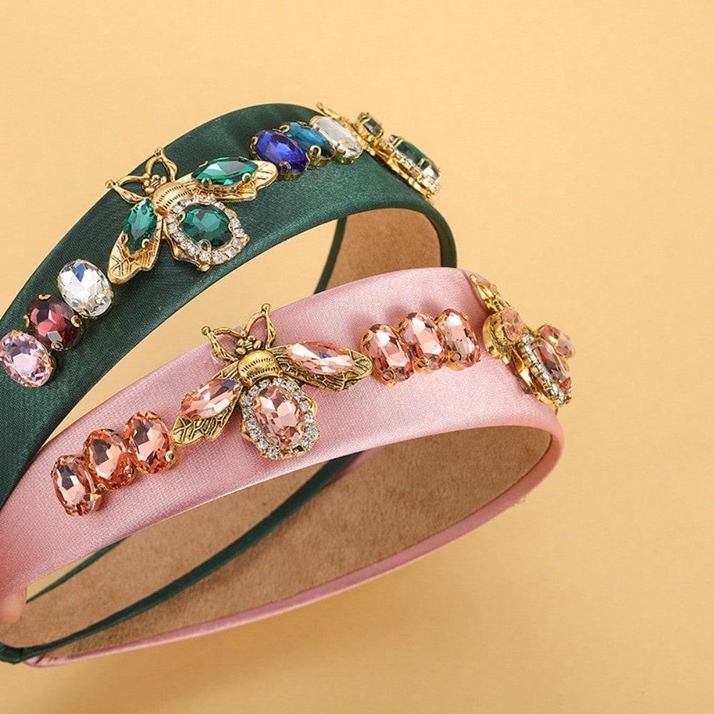 Color Crystal Bee Headband Fabric Wide Edge Headband Retro Rhinestone Hair Accessories