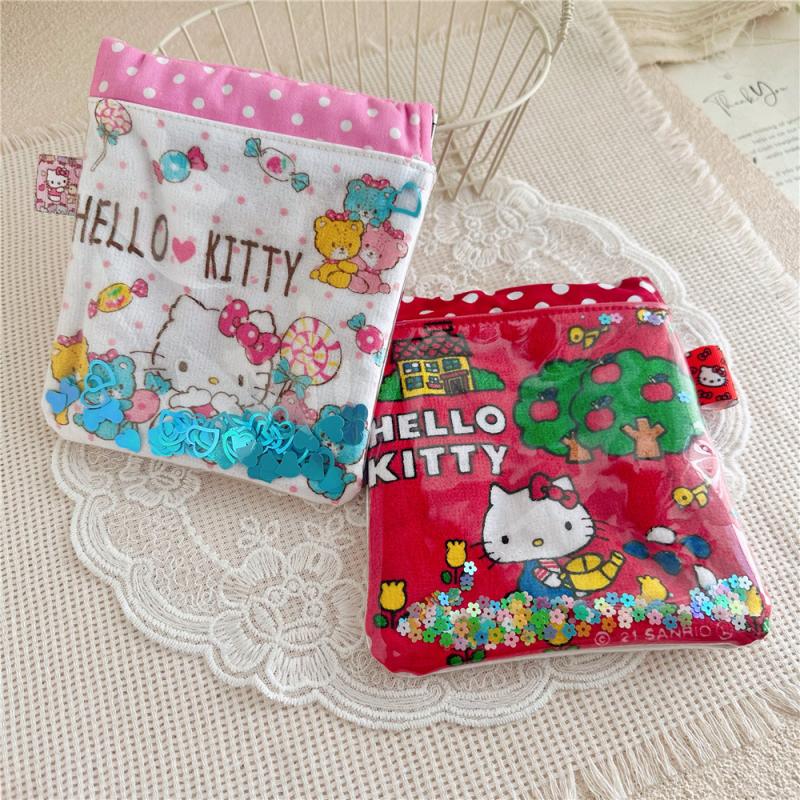 Cute Cartoon Quicksand Kt Cat Cosmetic Bag Portable Sanitary Napkin Storage Bag Lovely Lipstick Bags Travel Toiletry Bags
