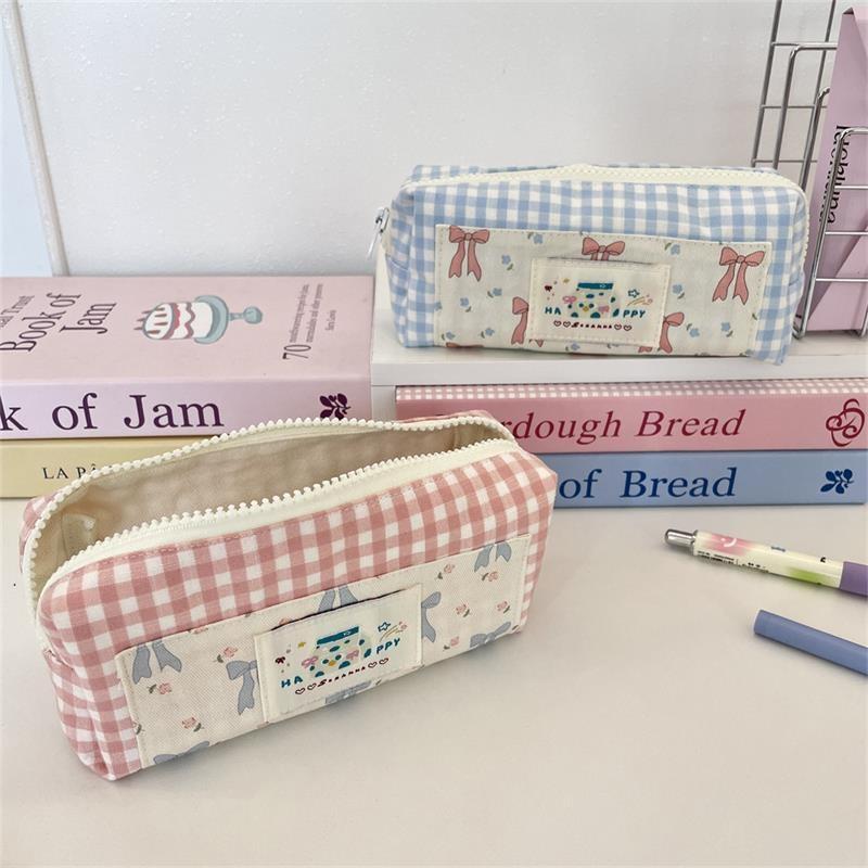 Sweet Cute Splicing Plaid Bow Pencil Case Portable Large Capacity Student Stationery Storage Bag Pen Bag Girly Cosmetic Bag Gift