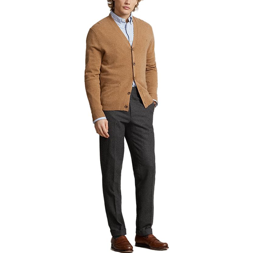 Polo Ralph Lauren FW23 Solid Logo Embroidered V-Neck Fitted Long Sleeve Knit Sweater Men sweater Brown MNPOSWE16821642-200