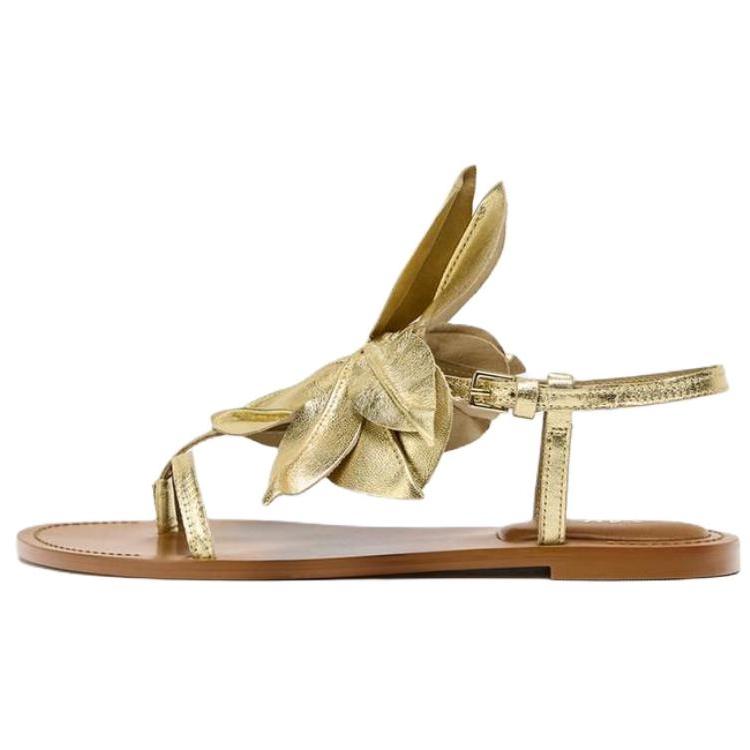 ZARA Floral Applique Thong Ankle Strap Flat Sandals Gold Womens 3612510253 36
