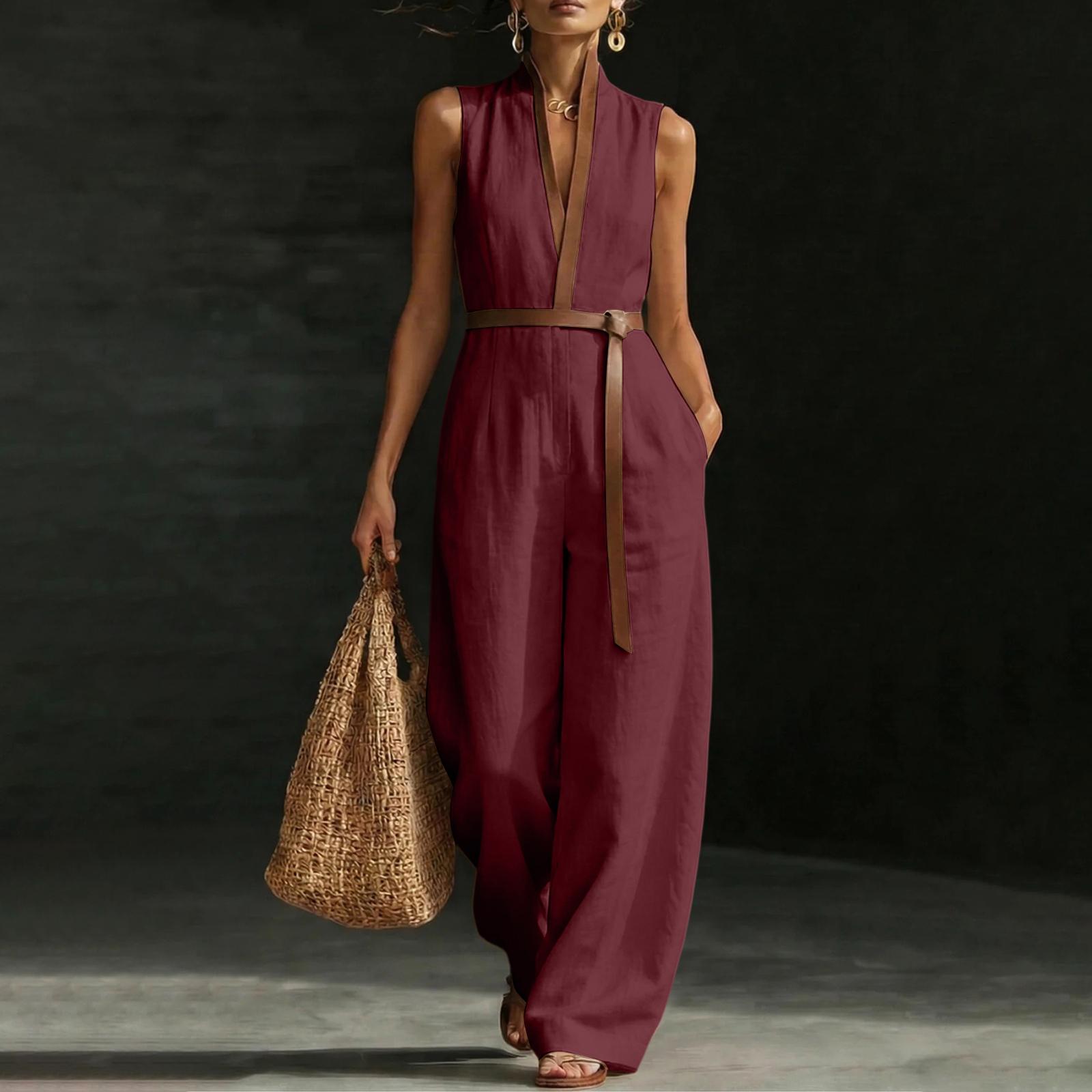

Sleeveless Wide Leg Jumpsuit for Women with Belt Deep V Neck Relaxed Fit Full Length Outfit for Daily Wear XL винний
