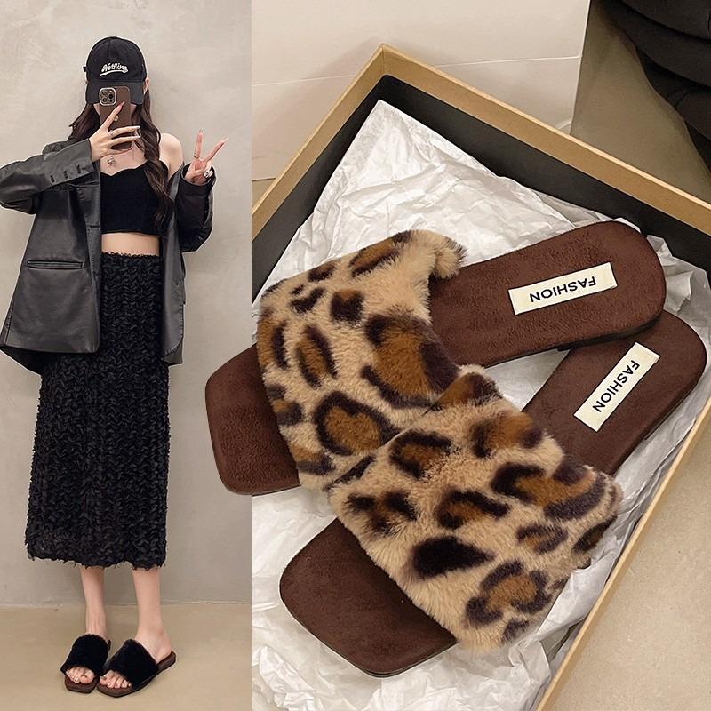 Fashion Autumn Winter Retro Leopard Print Slippers Women's Fashion Plush Fur Slides Home Flip Flops Indoor Warm Anti Slip Room Shoe
