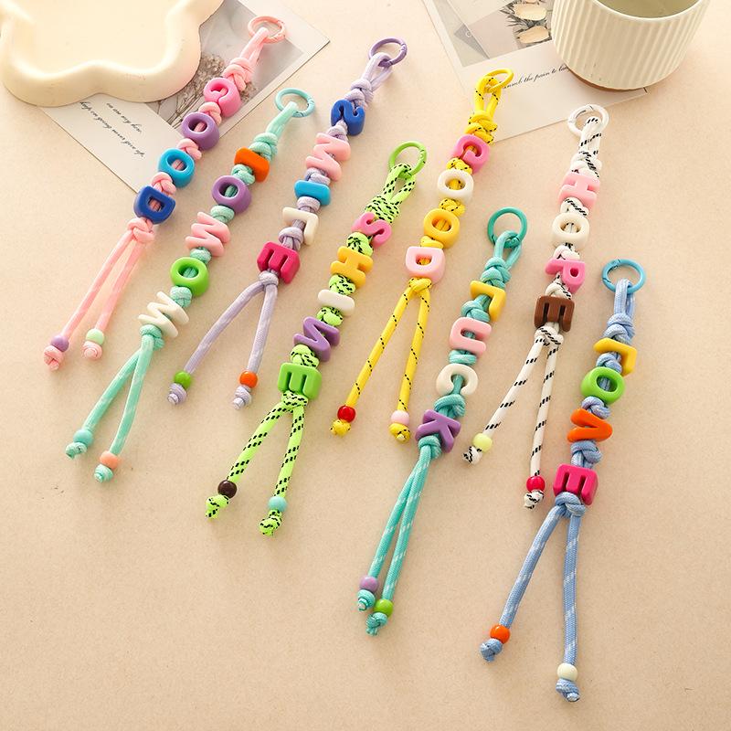 Dopamine Beaded Letter Braided Lanyard Keychain For Phone Case Women Anti Lost Knot Rope Strap Car Keyring Diy Accessories