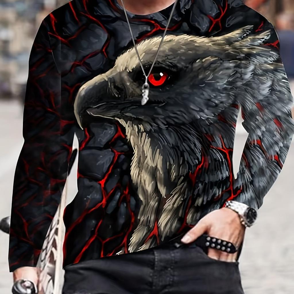 Spring and Autumn Round Neck 3D Animal Eagle Graphic Printed Top Fashionable Casual Hip Hop Long Sleeved Men's T-shirts