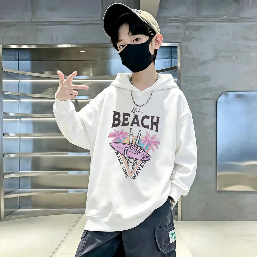 Trendy Children's Hooded Sweatshirt with Cool Beach Surfing Skull Print, for Boys and Girls, Baby Pullover Sweatshirt