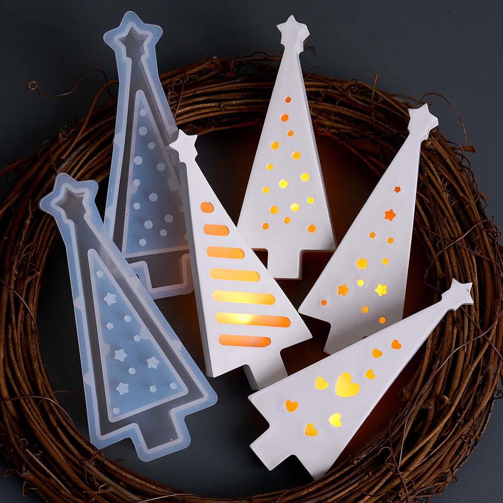 Hollow Christmas Tree Ornament Silicone Mold DIY Christmas Light Aromath Plaster Molds Concrete Resin Candle Holder Craft Making