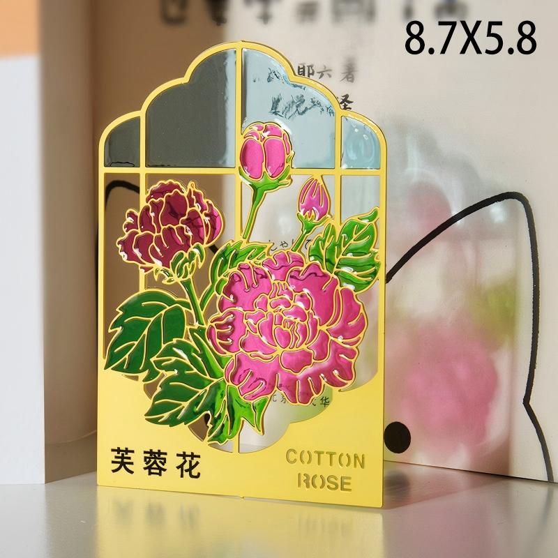 Exquisite Chinese Style Hollow Metal Bookmark Cotton Rose Window Lattice Design Colorful Enamel Souvenir Cultural Gift (as the picture,S)