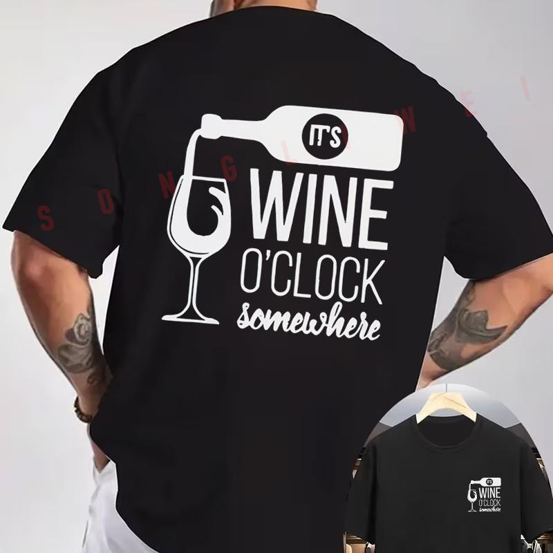 WINE O'CLOCK Wine-Themed Motorcycle Double-Sided Print T-Shirt Men Short Sleeve O-neck Casual