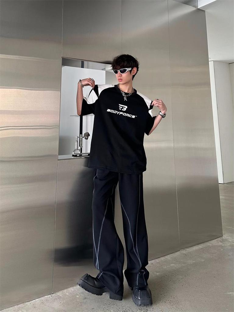 Unisex Color Block Shoulder Pad T-Shirt - Men's Casual Summer Loose Short Sleeve Top